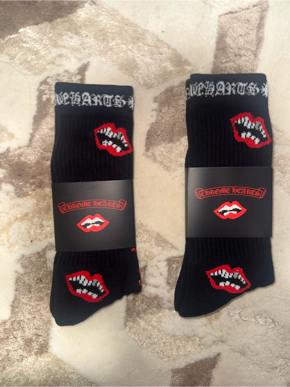 Chrome Hearts Black Crew Socks with Red Lip Patch